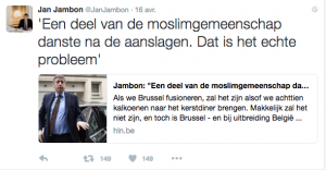 Twit de Jan Jambon : « Une partie de la communauté musulmane a dansé après les attentats. C'est ça le vrai problème ».